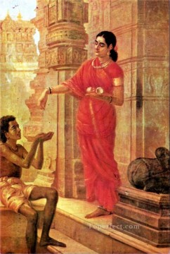 Raja Ravi Varma Painting - Ravi Varma Lady Giving Alms at the Temple